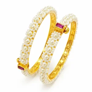 Hand Crafted Pearl Gold Plated Bangles with Pink Stone Accents Set of 2